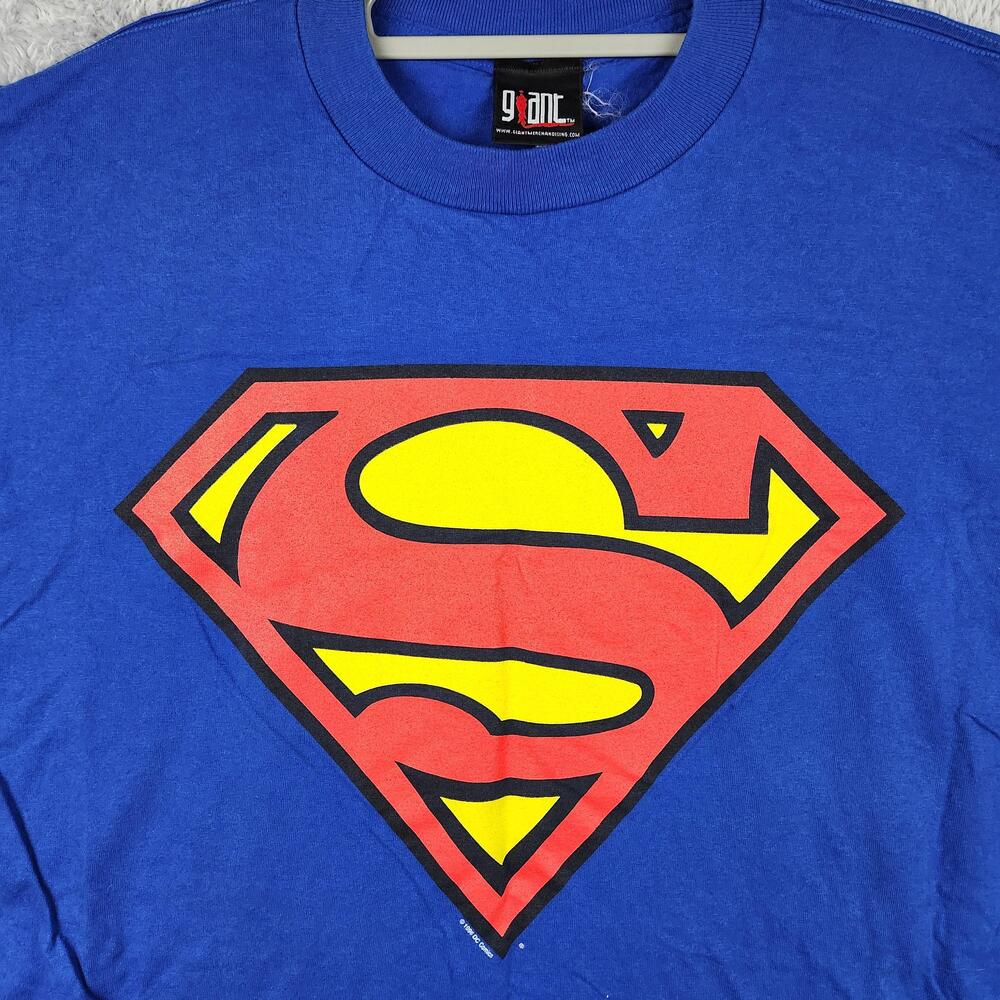 Vintage Superman Shirt Mens XL Blue Big Logo Giant Tag DC Comics 90s Superhero